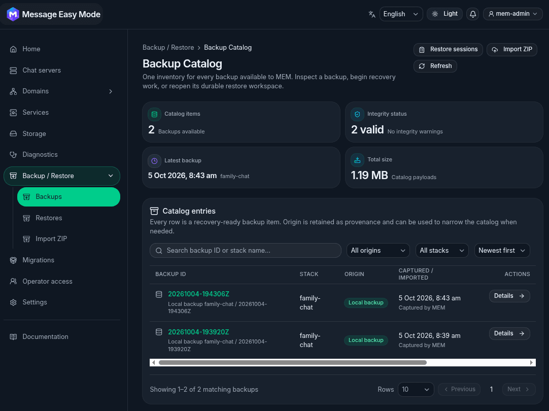 Backup Catalog showing two valid backups, their size, origin, capture time, and restore actions
