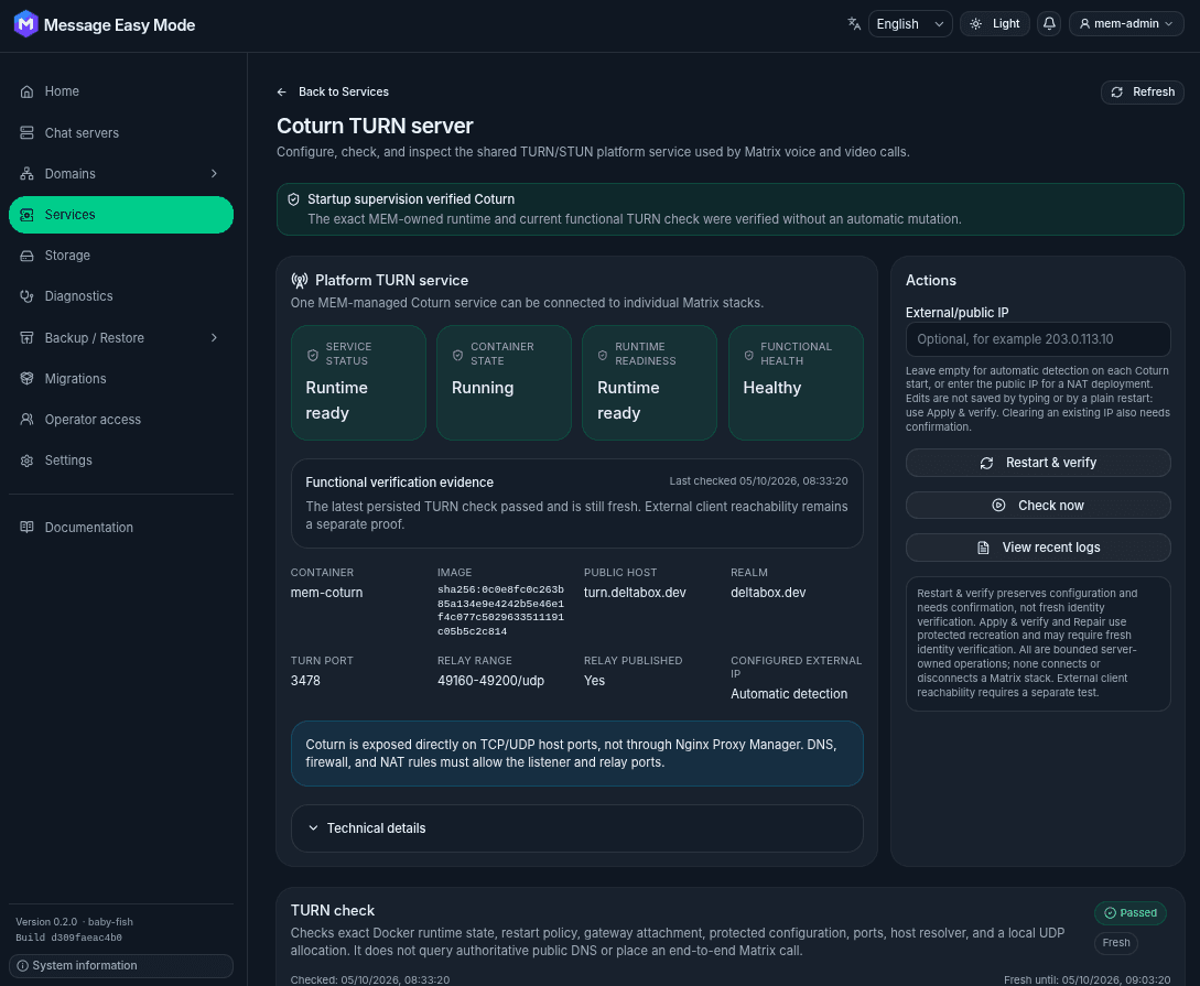 Coturn TURN server page showing runtime state, functional health, public host, TURN port, relay range, and verification controls