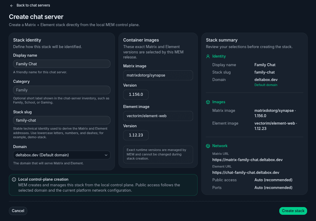 Create chat server screen showing stack identity, Matrix and Element images, and the resulting network summary