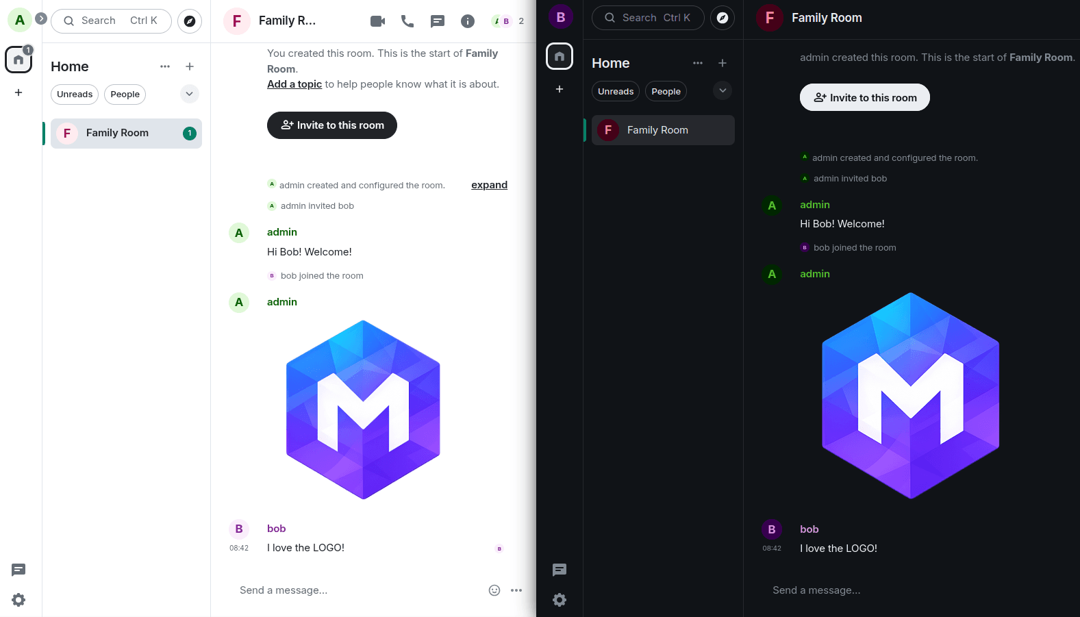 Element clients in light and dark mode showing a Family Room conversation running on a MEM-managed Matrix deployment