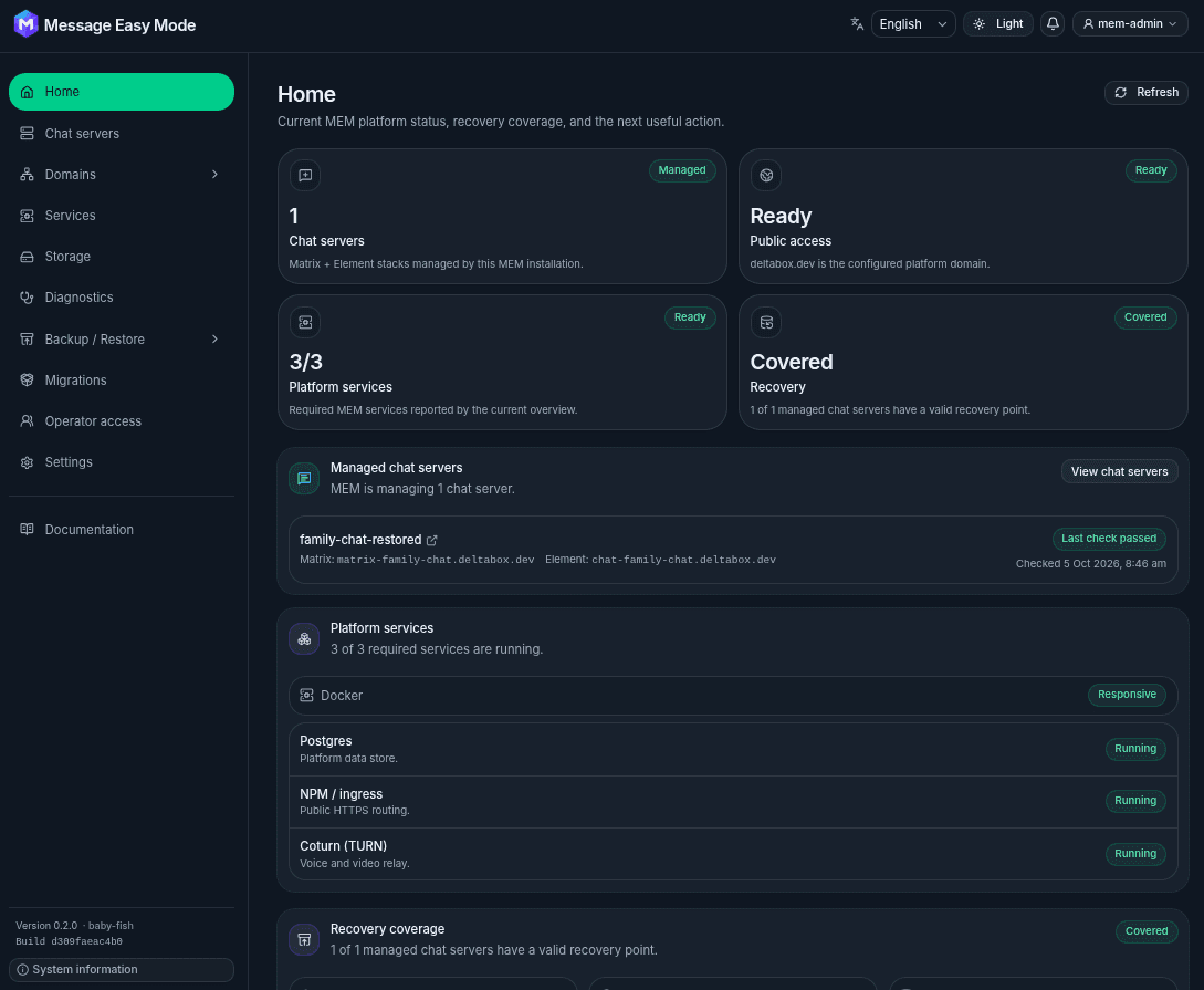 Message Easy Mode Home dashboard showing one managed chat server, ready public access, three running platform services, and covered recovery
