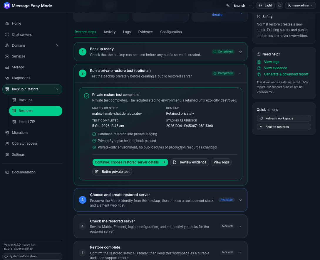 Restore workspace showing a completed private restore test with database restore, Synapse health, and private-only environment checks passed