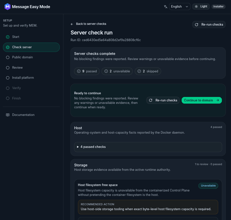 Server check results showing passed, unavailable, and skipped evidence with a recommended operator action